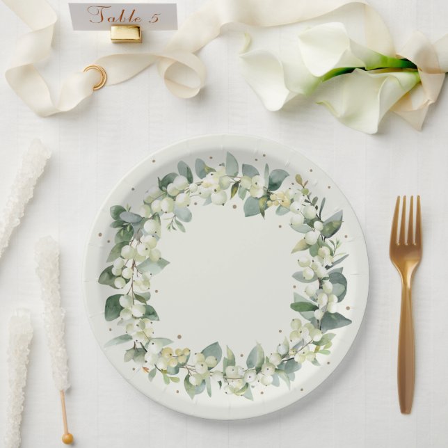 Elegant Cream Snowberry+Eucalyptus Wreath Wedding Paper Plates (Wedding)