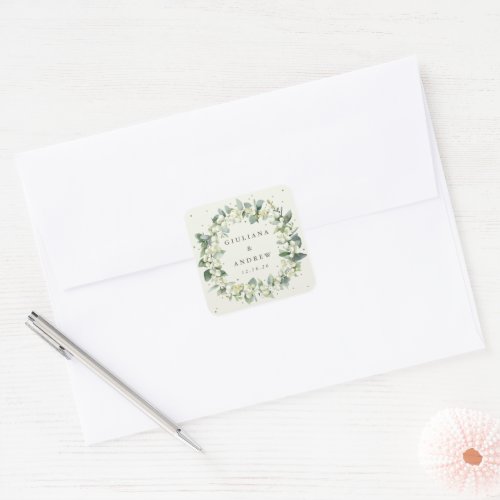 Elegant Cream SnowberryEucalyptus Wreath Wedding Square Sticker