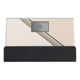 Elegant Cream Stripes Monogram Desk Business Card Holder