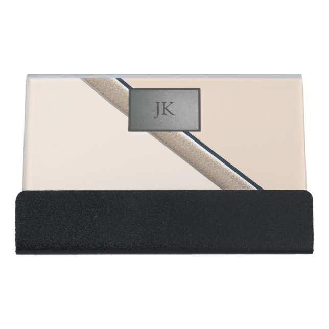 Elegant Cream Stripes Monogram    Desk Business Card Holder (Front)