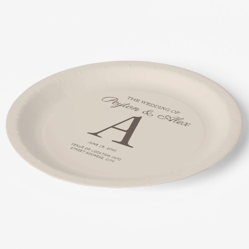 Elegant Cream Tan Wedding Names Monogram Paper Plates