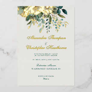 Elegant Cream Teal Floral Gold Watercolor Wedding Foil Invitation