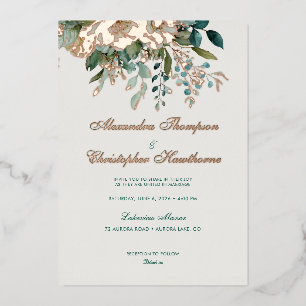 Elegant Cream Teal Floral Rose Gold Watercolor Wed Foil Invitation