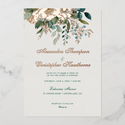 Elegant Cream Teal Floral Rose Gold Watercolor Wed Foil Invitation