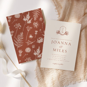 Elegant Cream & Terracotta Floral Monogram Crest Invitation