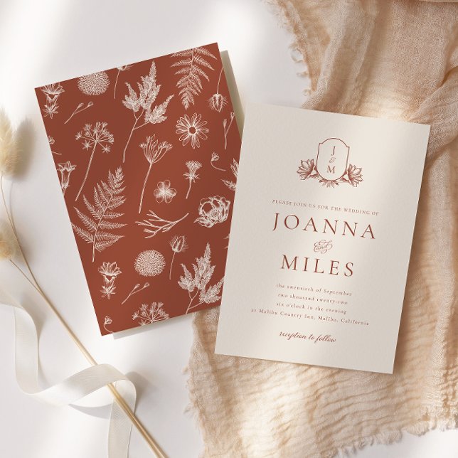 Elegant Cream & Terracotta Floral Monogram Crest Invitation (Creator Uploaded)