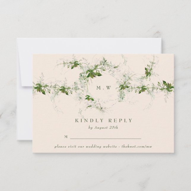 Elegant Cream Website Eucalyptus Monogram Wedding RSVP Card (Front)