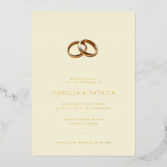 Elegant Cream Wedding Rings Foil Invitation (Front)