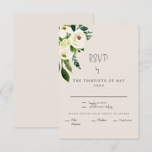 Elegant Cream White Floral Dinner Modern Font RSVP (Front/Back)
