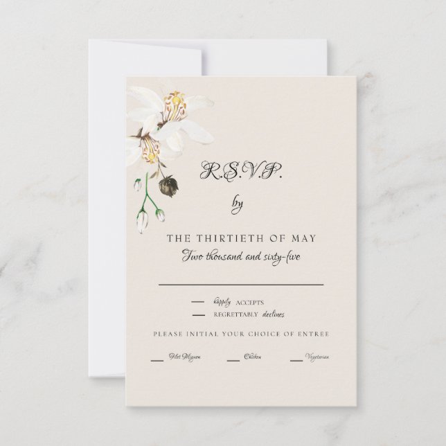 Elegant Cream White Floral Dinner Script RSVP (Front)