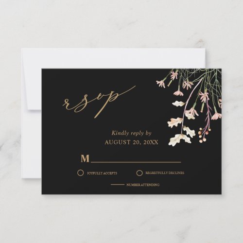 Elegant Creamy Charm Wild Floral  Black  Gold  RSVP Card