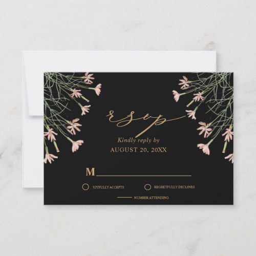 Elegant Creamy Charm Wild Floral  Black  Gold RSVP Card