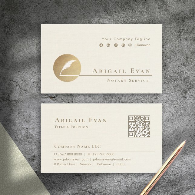 Elegant Creamy White and Gold Feather Logo Notary Business Card (Creator Uploaded)