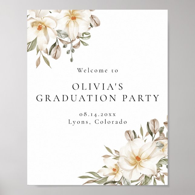 Elegant Creamy White Floral Graduation Welcome Poster (Front)
