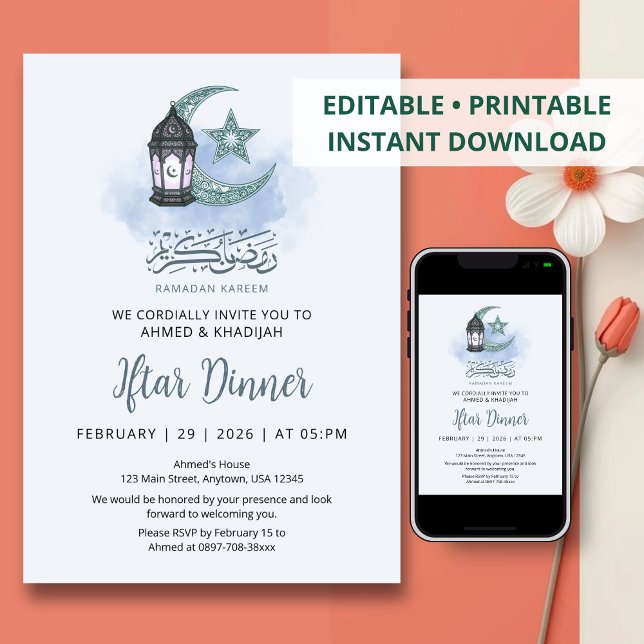 Elegant Crescent Moon and Lantern Ramadan Iftar Invitation (Creator Uploaded)