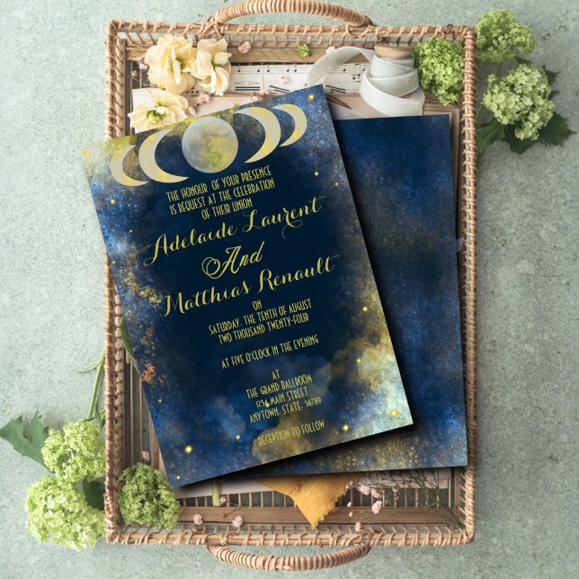 Elegant Crescent Moon Celestial Wedding:Blue&Gold Invitation (Creator Uploaded)