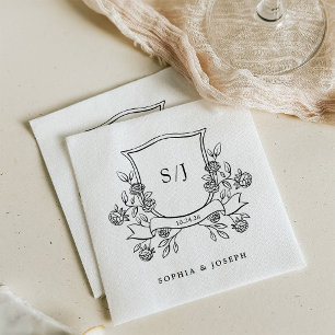 Elegant Crest and Monogram Black and White Wedding Napkins