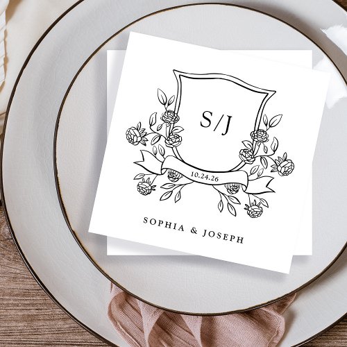 Elegant Crest and Monogram Black and White Wedding Napkins