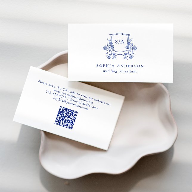 Elegant Crest and Monogram | Blue and White Business Card (Creator Uploaded)