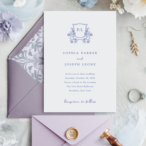 Elegant Crest and Monogram Blue and White Wedding Invitation