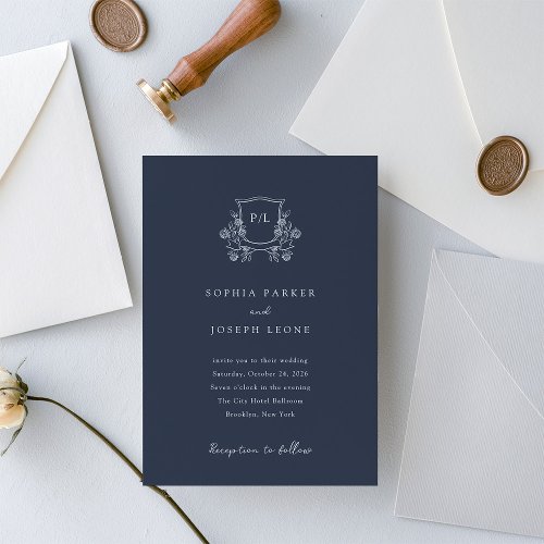 Elegant Crest and Monogram  Navy Blue Wedding Invitation