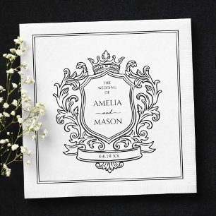 Elegant Crest Black and White Paper Wedding Napkins
