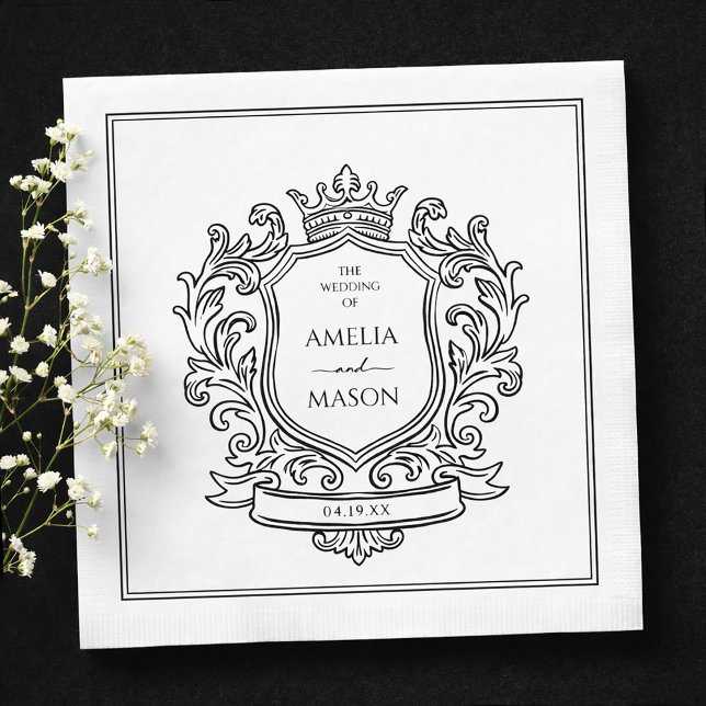 Elegant Crest Black and White Paper Wedding Napkins (Elegant Crest Black and White Paper Wedding Napkins)
