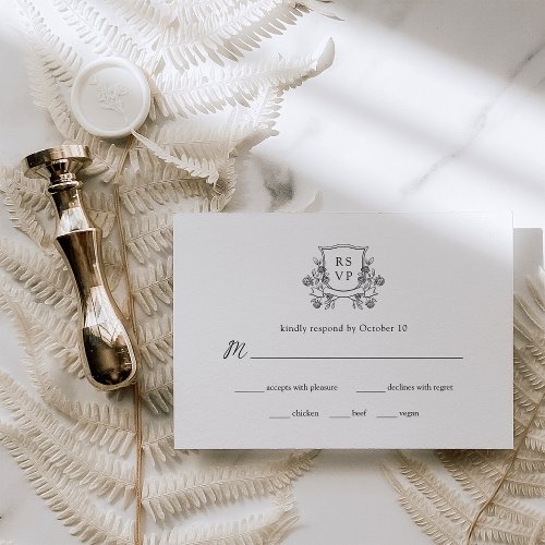 Elegant Crest Black and White Wedding Meal Choice RSVP Card