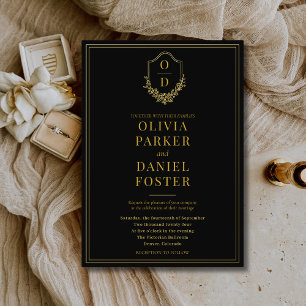 Elegant Crest Black Gold Minimalist Wedding Foil Invitation