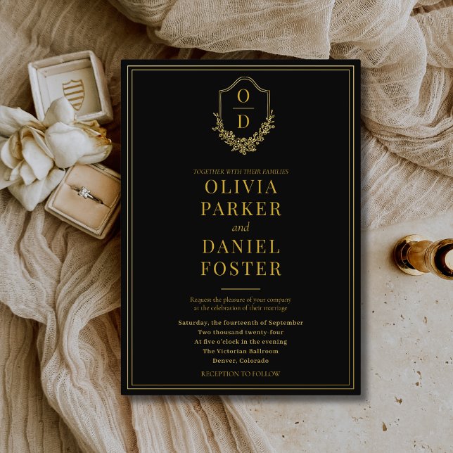 Elegant Crest Black Gold Minimalist Wedding Foil Invitation (Creator Uploaded)