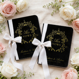 Elegant Crest Black His and Her Wedding Foil Vow Books