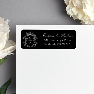 Elegant Crest Black Monogram Wedding Address Label