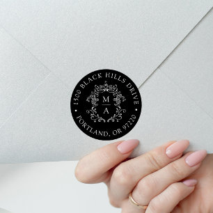 Elegant Crest Black Wedding Return Address Classic Round Sticker