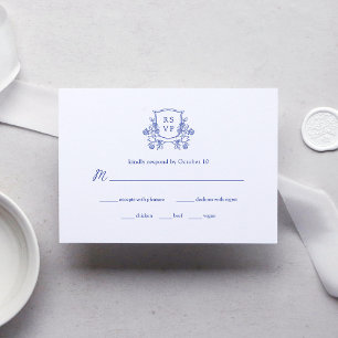 Elegant Crest Blue and White Wedding Meal Choice RSVP Card