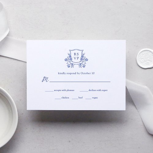 Elegant Crest  Blue and White Wedding Meal Choice RSVP Card