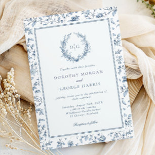Elegant Crest Blue Chinoiserie Wedding Invitation