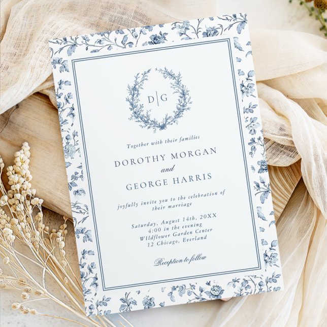 Elegant Crest Blue Chinoiserie Wedding Invitation (Creator Uploaded)