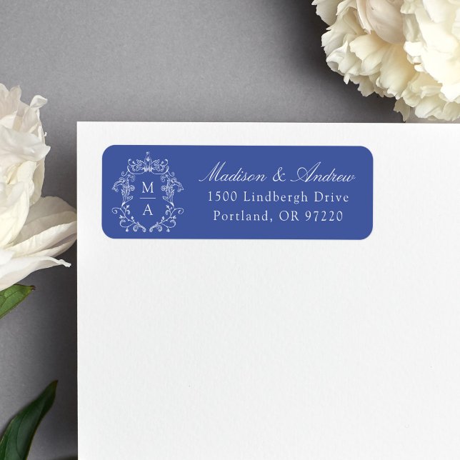Elegant Crest Blue Monogram Wedding Address Label (Creator Uploaded)