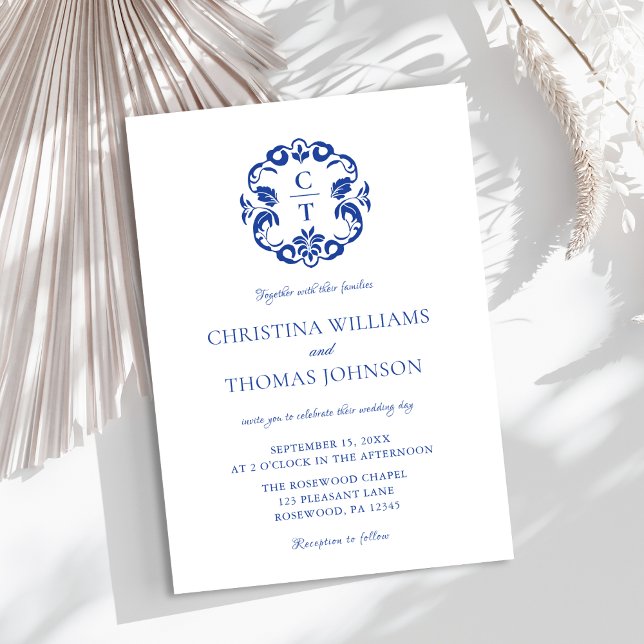 Elegant Crest Blue Wedding Invitation (Creator Uploaded)