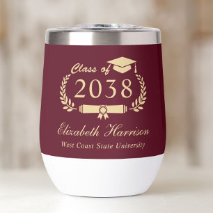Elegant Crest Burgundy Gold Graduation Thermal Wine Tumbler