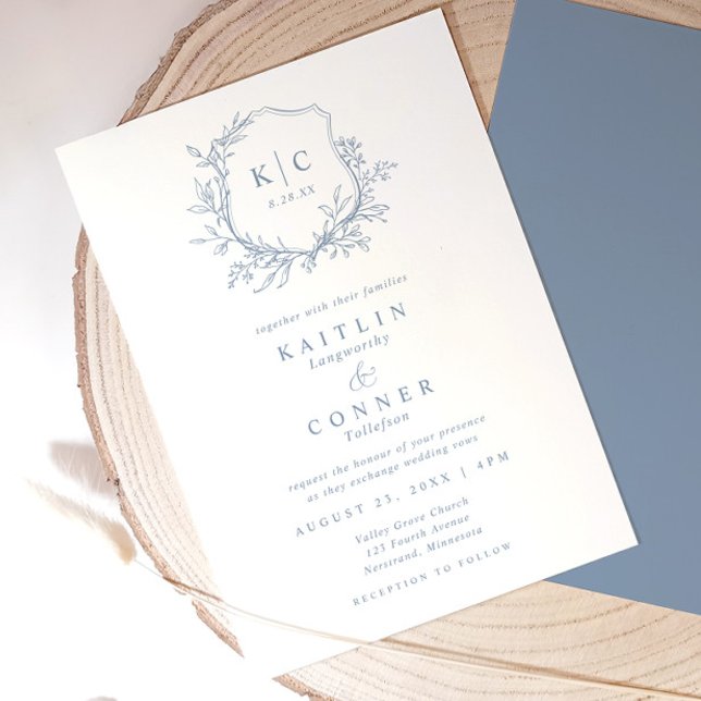 Elegant Crest Dusty Blue Classic Formal Wedding Invitation (Elegant dusty blue wedding invitation with vintage crest, monogram, and botanical details)