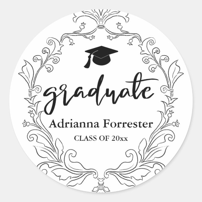 Elegant Crest Graduation Hat Script  Classic Round Sticker (Front)