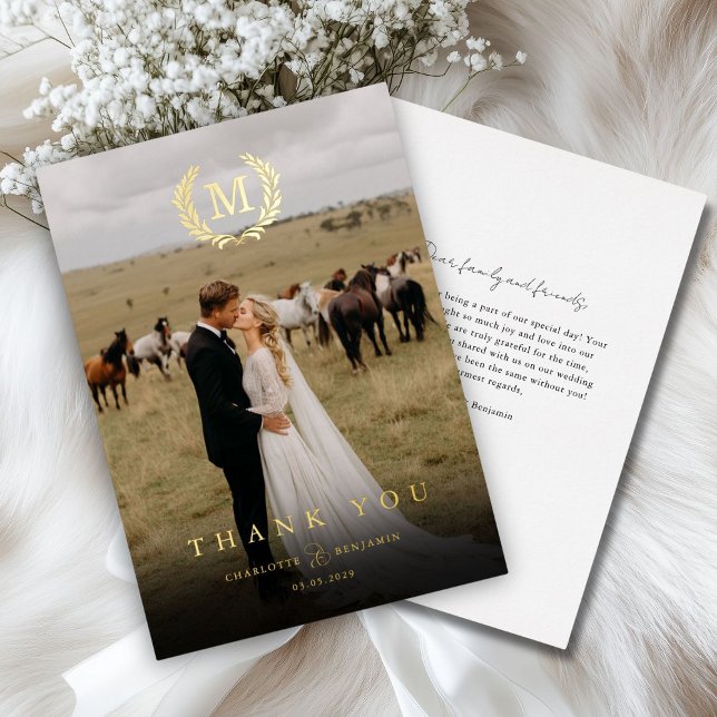 Elegant Crest Monogram 1 Photo Thank You Wedding  Foil Invitation (Elegant Crest Monogram 1 Photo Thank You Wedding Foil Invitation)