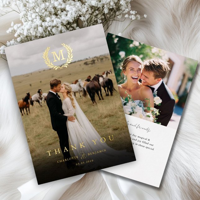 Elegant Crest Monogram 2 Photo Thank You Wedding  Foil Invitation (Elegant Crest Monogram 2 Photo Thank You Wedding Foil Invitation)