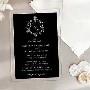 Elegant Crest Monogram Black And White Wedding Acrylic Invitations