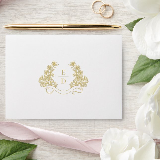 Elegant Crest Monogram Golden Heritage Wedding Envelope (Wedding)