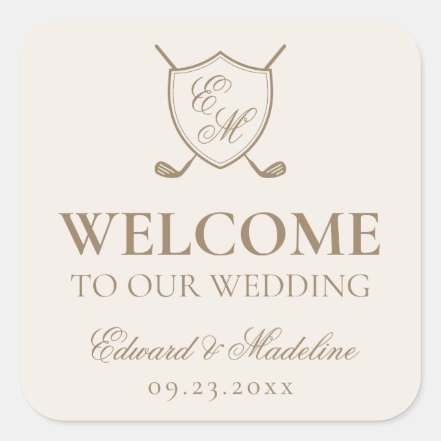 Elegant Crest Monogram Golf Wedding Welcome Bag Square Sticker (Front)