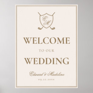 Elegant Crest Monogram Golf Wedding Welcome Poster