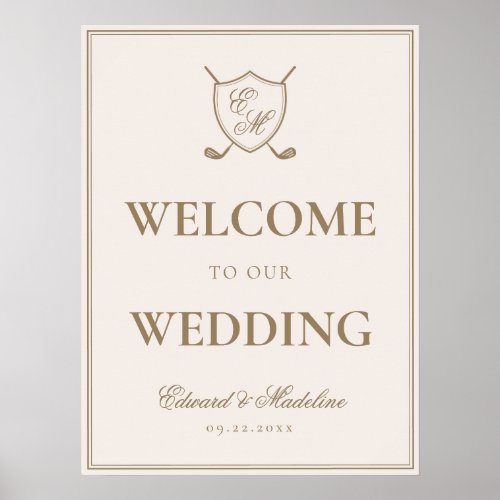 Elegant Crest Monogram Golf Wedding Welcome Poster