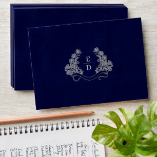 Elegant Crest Monogram Navy Heritage Wedding Envelope